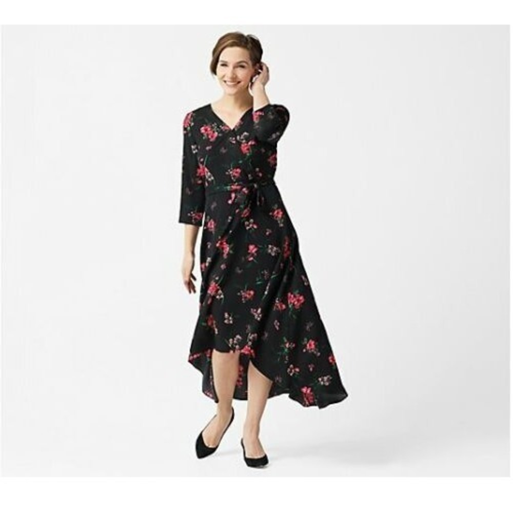 Laurie Felt Hi-Low Hem Wrap Dress, Black, Floral Print, Small